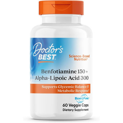 Doctors Best Benfotiamine 150 + Alpha-Lipoic Acid 300 with BenfoPure, Supports Glycemic Balance & Metabolic Response, Non-GMO, Gluten Free, Soy Free, Vegan 60 Veggie Caps