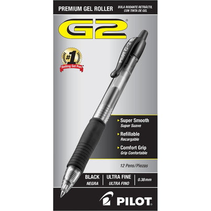 Pilot, G2 Premium Gel Roller Pens, Ultra Fine Point Gel Pens 0.38 mm, Pack of 12, Black