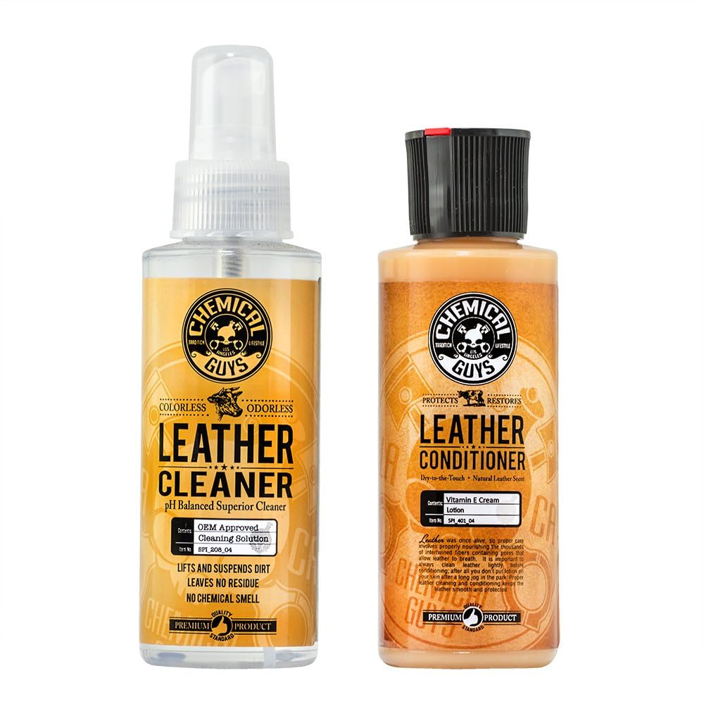 Buy now Chemical Guys Leather Cleaner and Conditioner Kit - 2 Bottles (4 oz Each), Car Cleaner and Conditioner, Safely Cleans & Conditions Leather Car Interiors, Furniture, Shoes, Boots, Bags, Apparel & More at indiglob india