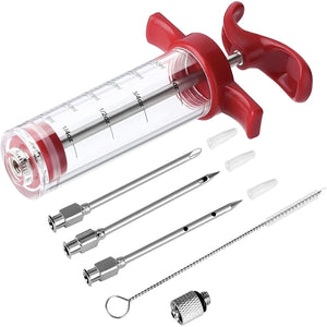 Meat Injector Syringe - 3 Marinade Injector Needles for BBQ Grill, Premium Portable Turkey Injector kit for Smoker,Marinades Injector for Meats With 1oz Large Capacity 1 Brush Easy to Use & Clean Red