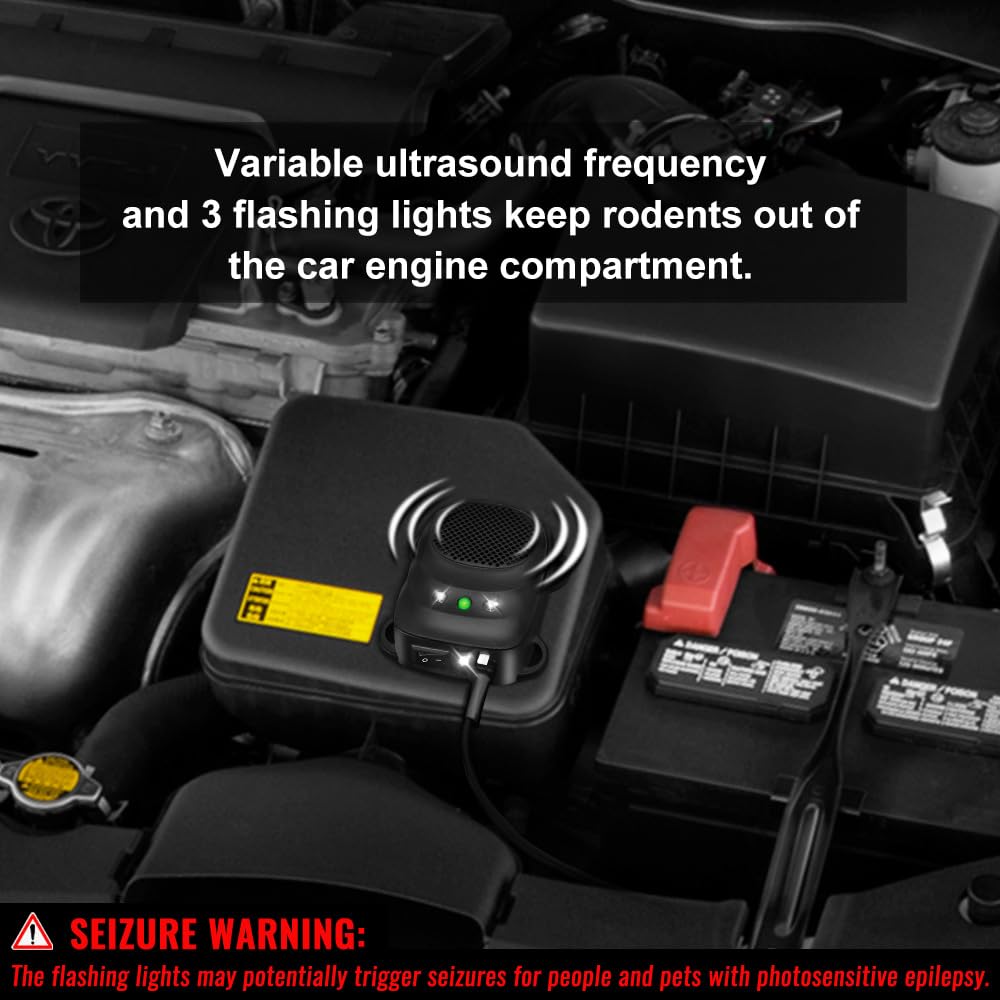 Buy now Under Hood Rodent Repellent for Car Engines, Dual Action Ultrasonic & LED Strobe Lights for High-Efficiency Rat and Mouse Deterrent, Pest Control for 12V 24V Vehicles, Cars, Trucks, RVs at indiglob india
