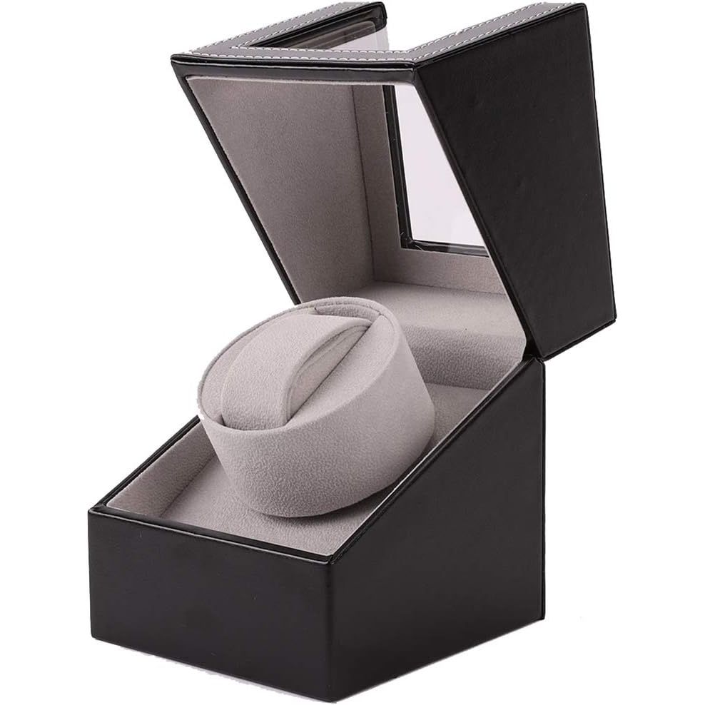 Automatic Single Watch Winder, in Wood Shell and Black Leather/Carbon Fiber Leather, Japanese Motor