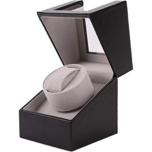 Automatic Single Watch Winder, in Wood Shell and Black Leather/Carbon Fiber Leather, Japanese Motor