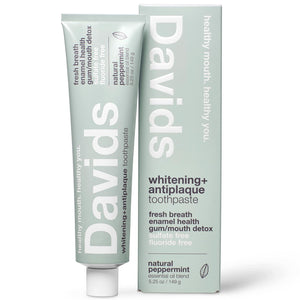 Davids Fluoride Free Toothpaste, Teeth Whitening, Antiplaque, SLS (Sulfate) Free, Promotes Enamel Health, Mouth & Gum Detox, EWG Verified, Peppermint, 5.25oz