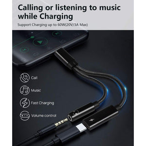 2 in 1 USB C to 3.5mm Headphone Audio and Charge Adapter, Type c to Aux Audio with PD 60W Fast Charge Adapter fit with iPhone 16 15 Pro Max, Galaxy S24 S23 S22, Pixel 9 8 7 6, iPad Pro/Macbook Air