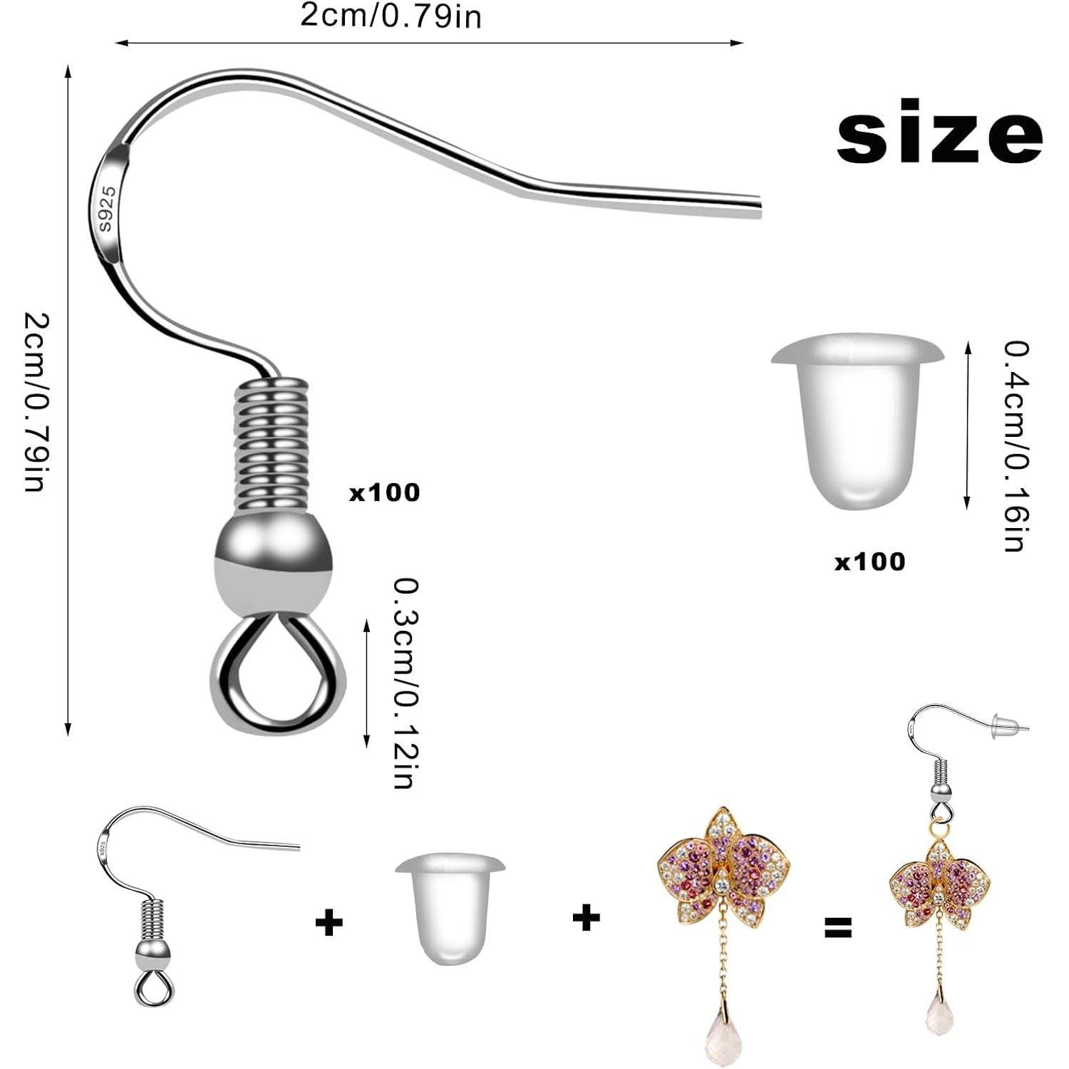 100 PCS/50 Pairs 925 Sterling Silver Earring Hooks Fish Hook Ear Wires French Wire Hooks Hypo-allergenic Jewelry Findings Earring Parts DIY Making with 100 PCS Clear Rubber Earring Safety Backs - My Store