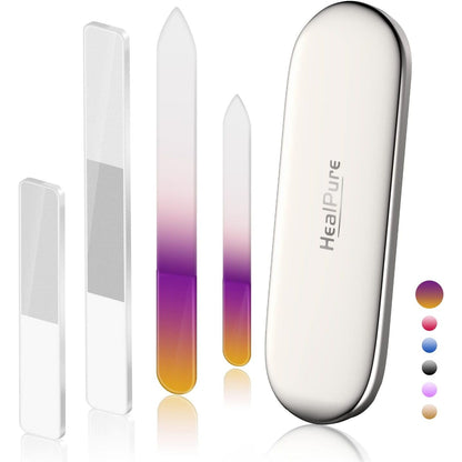 Glass Nail File and Nail Shiner, 4PC Crystal Nail File and Nano Glass Nail Buffer, Premium Set with Case, Professional Manicure Tool Fingernail Czech File for Natural Nail, Gift for Women and Girls