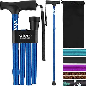 Vive Folding Cane - Foldable Walking Cane for Men, Women - Fold-up, Collapsible, Lightweight, Adjustable, Portable Hand Walking Stick - Balancing Mobility Aid - Comfortable Ergonomic Handle