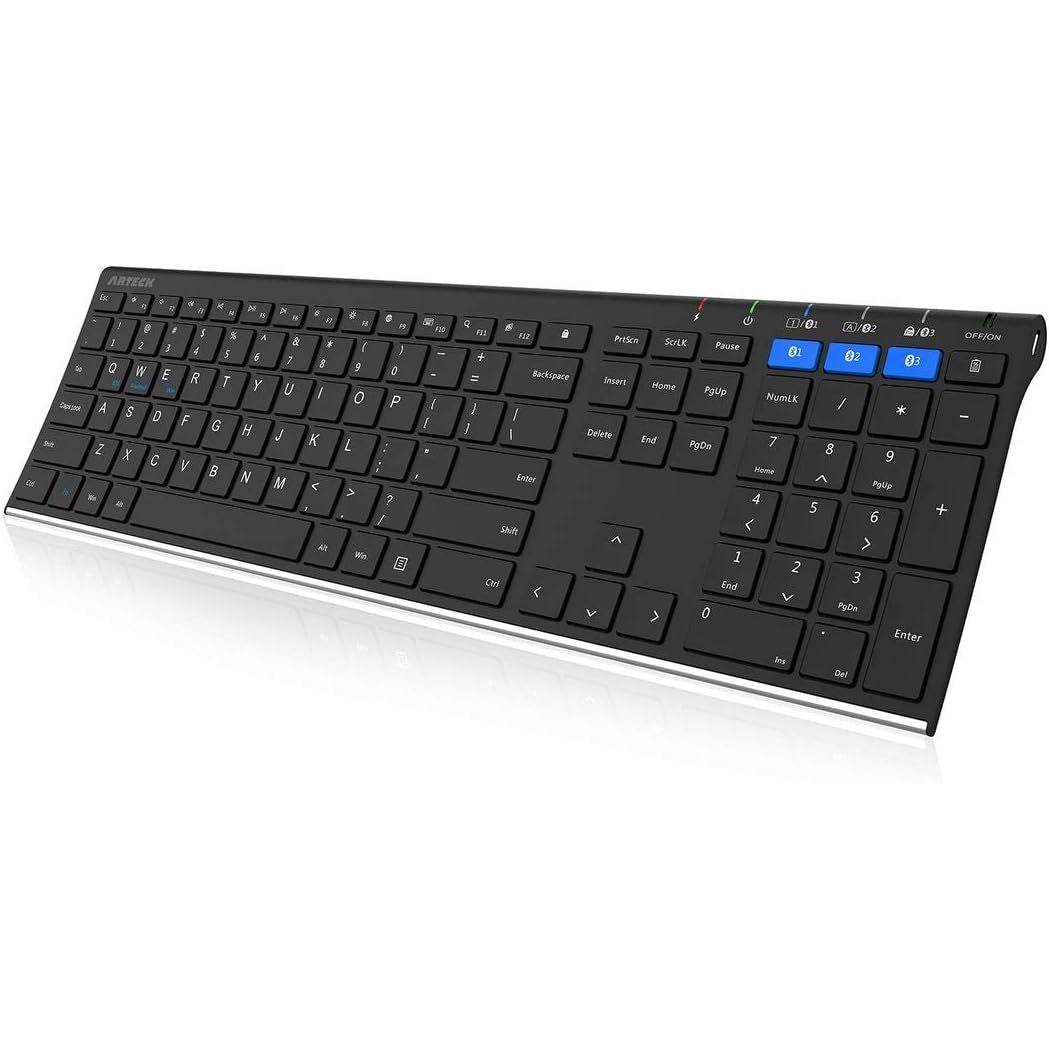 Arteck HB192 Universal Bluetooth Keyboard Multi-Device Stainless Steel Full Size Wireless Keyboard for Windows iOS Android Computer Desktop Laptop Surface Tablet Smartphone Rechargeable Battery - My Store
