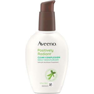 Aveeno Positively Radiant Clear Complexion Face Moisturizer, Acne Facial Moisturizer with Soy and Salicylic Acid for Oily Skin, Hypoallergenic Formula, Paraben-Free, Non-Comedogenic, Pump, 4 FL OZ