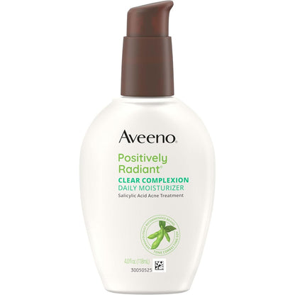 Aveeno Positively Radiant Clear Complexion Face Moisturizer, Acne Facial Moisturizer with Soy and Salicylic Acid for Oily Skin, Hypoallergenic Formula, Paraben-Free, Non-Comedogenic, Pump, 4 FL OZ