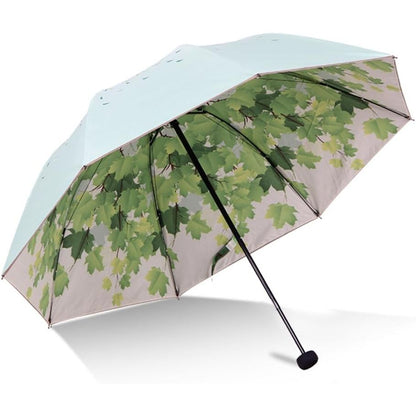 Buy now Green Tree Leaf Folding Travel Sun Umbrella Sunblock UV Protection UPF 50+ Rain Resistant Compact Size Parasol Fold into Purse at indiglob india