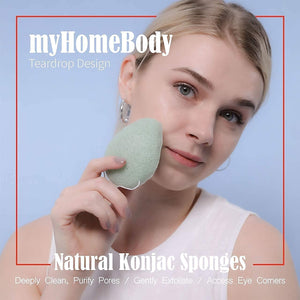 myHomeBody Natural Konjac Facial Sponges – Teardrop Shape - for Gentle Face Cleansing and Exfoliation - with Activated Charcoal and Aloe Vera, Set of 4