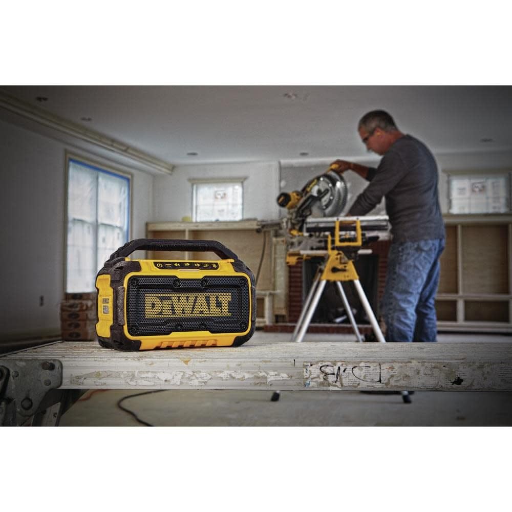 Buy now DEWALT 20V MAX Bluetooth Speaker, 100 ft Range, Durable for Jobsites, Phone Holder Included, Lasts 8-10 Hours with Single Charge (DCR010) at indiglob india