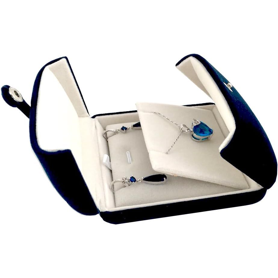Premium Double Function Navy Luxurious Blue Velvet Pendant Earrings Necklace Gift Box Double Layer Fine Material Modern Elegant (Jewelry is not included)