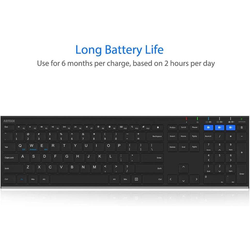 Arteck HB192 Universal Bluetooth Keyboard Multi-Device Stainless Steel Full Size Wireless Keyboard for Windows iOS Android Computer Desktop Laptop Surface Tablet Smartphone Rechargeable Battery - My Store