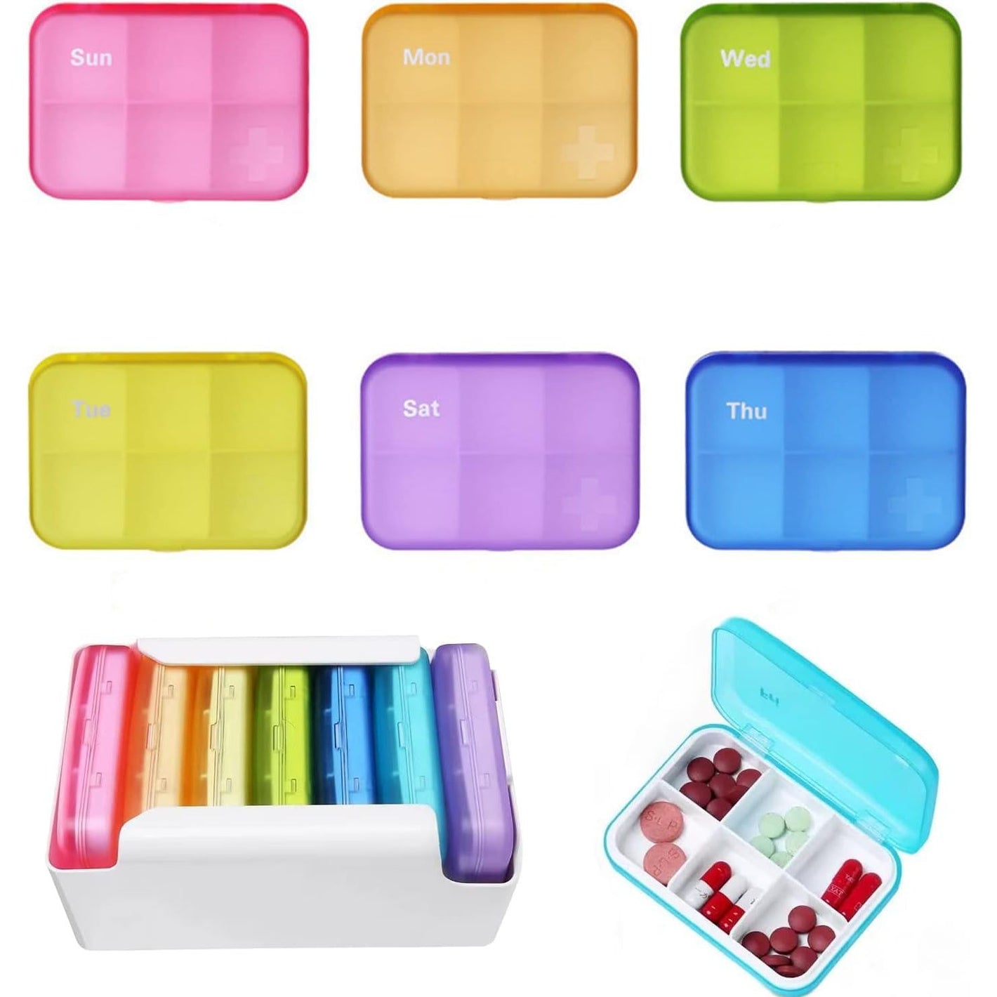 7 Piece Set Pill Organizer 6 Times a Day, Weekly Daily Travel Medicine Organizer Portable 7 Day 42 Compartments Pill Box with Moisture-Proof Pill Case Travel Pill Container for Vitamins,Supplements