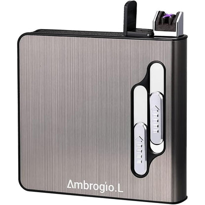 Full Pack 20 Regular Cigarettes Case Box Automatic Ejection Holder with Dual Arc Lighter USB Rechargeable, Flameless, Windproof,Moisture-Proof,Silver