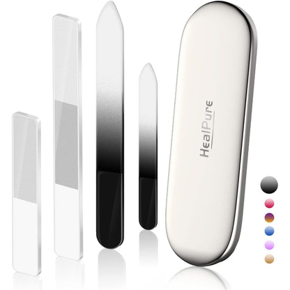 Glass Nail File and Nail Shiner, 4PC Crystal Nail File and Nano Glass Nail Buffer, Premium Set with Case, Professional Manicure Tool Fingernail Czech File for Natural Nail, Gift for Women and Girls