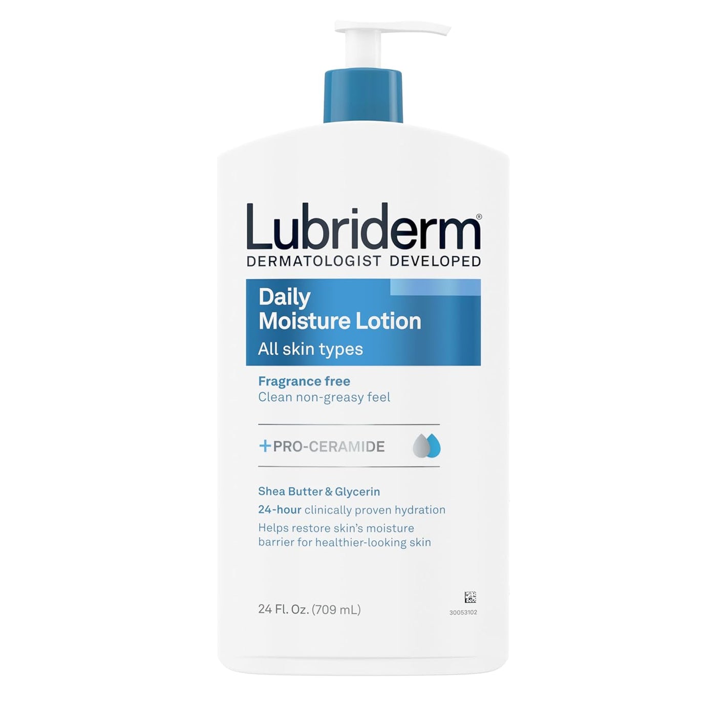 Lubriderm Fragrance Free Daily Moisture Lotion + Pro-Ceramide, Shea Butter & Glycerin, Face, Hand & Body Lotion for Sensitive Skin, Hydrating Lotion for Healthier-Looking Skin, 24 fl. oz