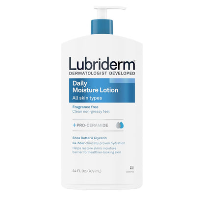 Lubriderm Fragrance Free Daily Moisture Lotion + Pro-Ceramide, Shea Butter & Glycerin, Face, Hand & Body Lotion for Sensitive Skin, Hydrating Lotion for Healthier-Looking Skin, 24 fl. oz