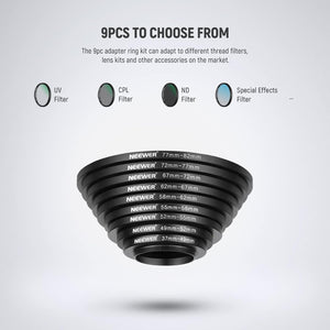 Neewer 9 Pieces Lens Filter Rings Set, Made of Anodized Aluminum, Includes: 37-49mm, 49-52mm, 52-55mm, 55-58mm, 58-62mm, 62-67mm, 67-67mm, 8-2.8 35" 72-77mm 77-82mm