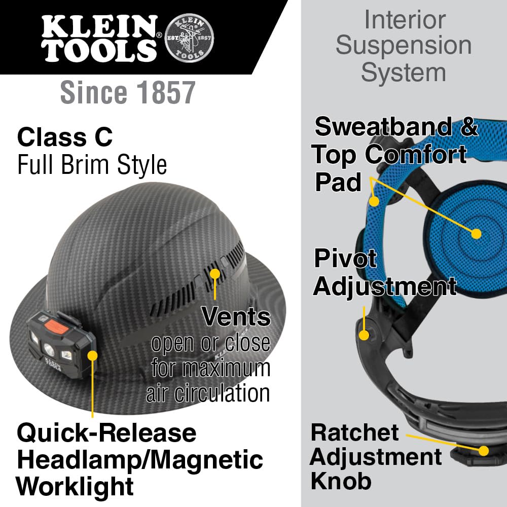 Buy now Klein Tools 60347 Hard Hat, Vented Full Brim, Class C, Premium KARBN Pattern, Rechargeable Lamp, Padded Sweat-Wicking Sweatband, Top Pad at indiglob india