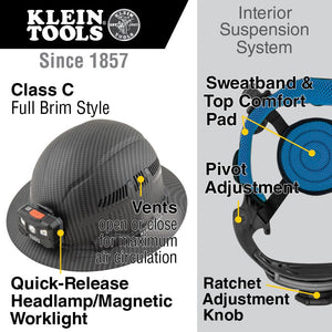 Buy now Klein Tools 60347 Hard Hat, Vented Full Brim, Class C, Premium KARBN Pattern, Rechargeable Lamp, Padded Sweat-Wicking Sweatband, Top Pad at indiglob india