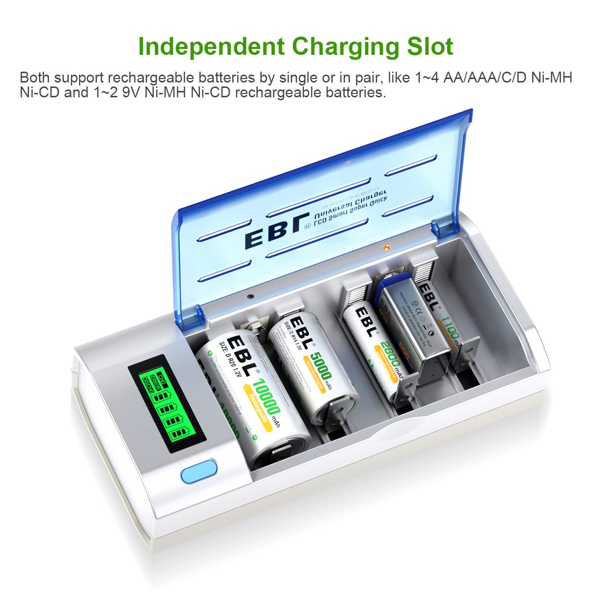 Buy now EBL 906 Smart Charger for AA AAA C D 9V Rechargeable Batteries with 4 Pieces 5000mAh C Rechargeable Batteries at indiglob india