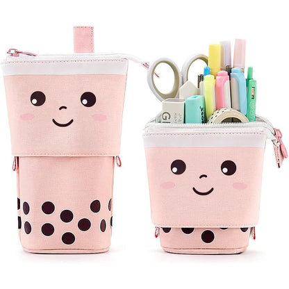 Cute Standing Pencil Case Pen Holder for Kids, Pop Up Stand UP Bubble Tea Pen Organizer Kawaii Stationary for Christmas Holiday New Year Office (Pink)