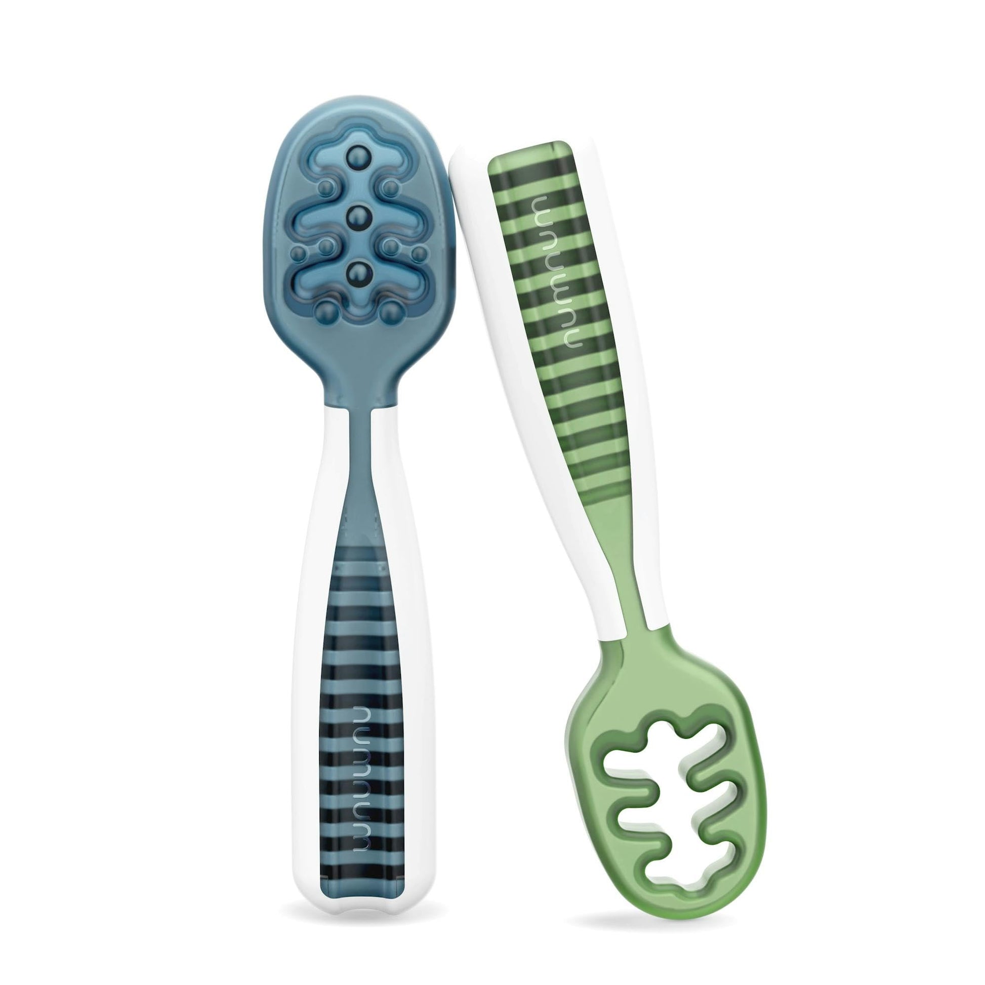 Buy now NumNum Baby Spoons Set, Baby Essentials Pre-Spoon GOOtensils for 6+ Months, First Stage Self-Feeding Spoons for Baby Led Weaning (BLW), Silicone Toddler Utensils, BPA-Free, 2 Pack Gray/Green at indiglob india