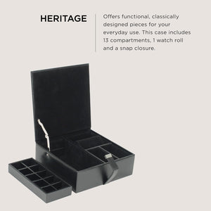 Buy now WOLF Heritage Large Valet Case, Black - 13 Compartments + One Watch Roll - Faux Leather Exterior + Ultra-Suede Lining at indiglob india