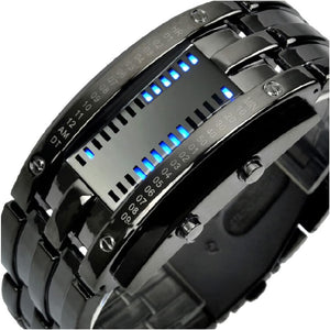 Fashion Mens Binary Sports Watch Digital LED Matrix Waterproof Outdoor Casual Black Bracelet Square Blue Backlit Watches
