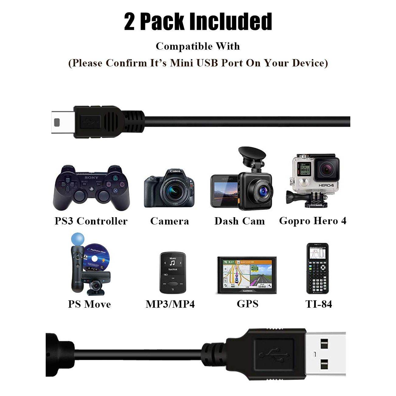 2 Pack 10ft PS3 Controller Charger Cable - Fast Mini USB Data Charging Cord for PS Move PlayStation 3 Wireless Controller, TI84 Plus CE, Digital Camera - My Store