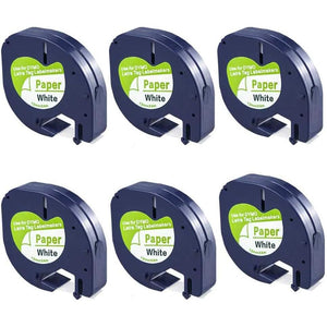 FlyLong 6pack Compatible Label Tape Replacement for DYMO Letratag 91330 Paper Refills 12mm x 4m (1/2 Inch x 13 Feet) Black on White Label Tapes 10697 for DYMO LetraTag Plus LT100H LT100T Label Makers