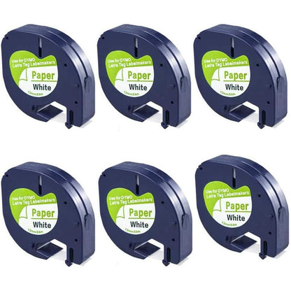 FlyLong 6pack Compatible Label Tape Replacement for DYMO Letratag 91330 Paper Refills 12mm x 4m (1/2 Inch x 13 Feet) Black on White Label Tapes 10697 for DYMO LetraTag Plus LT100H LT100T Label Makers