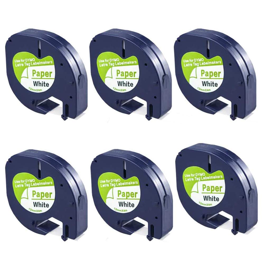 Buy now FlyLong 6pack Compatible Label Tape Replacement for DYMO Letratag 91330 Paper Refills 12mm x 4m (1/2 Inch x 13 Feet) Black on White Label Tapes 10697 for DYMO LetraTag Plus LT100H LT100T Label Makers at indiglob india