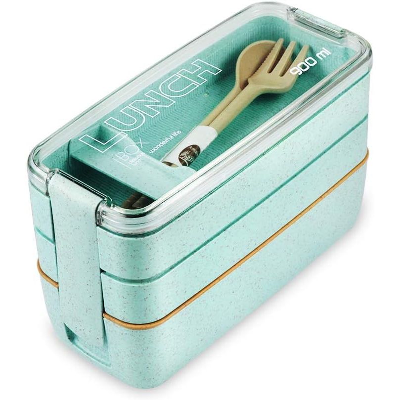 Iteryn Bento Box Lunch Box, 3-In-1 Compartment Lunch Containers - Wheat Straw, Leakproof Stackable Bento Lunch Box for Meal Prep