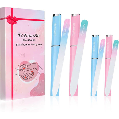 Glass Nail File in Case, Glass Fingernail File, Czech File, Double-Sided Etched Nail File for Nail Art & Nail Care, Christmas Gifts Stocking Stuffers (Pink-Blue)