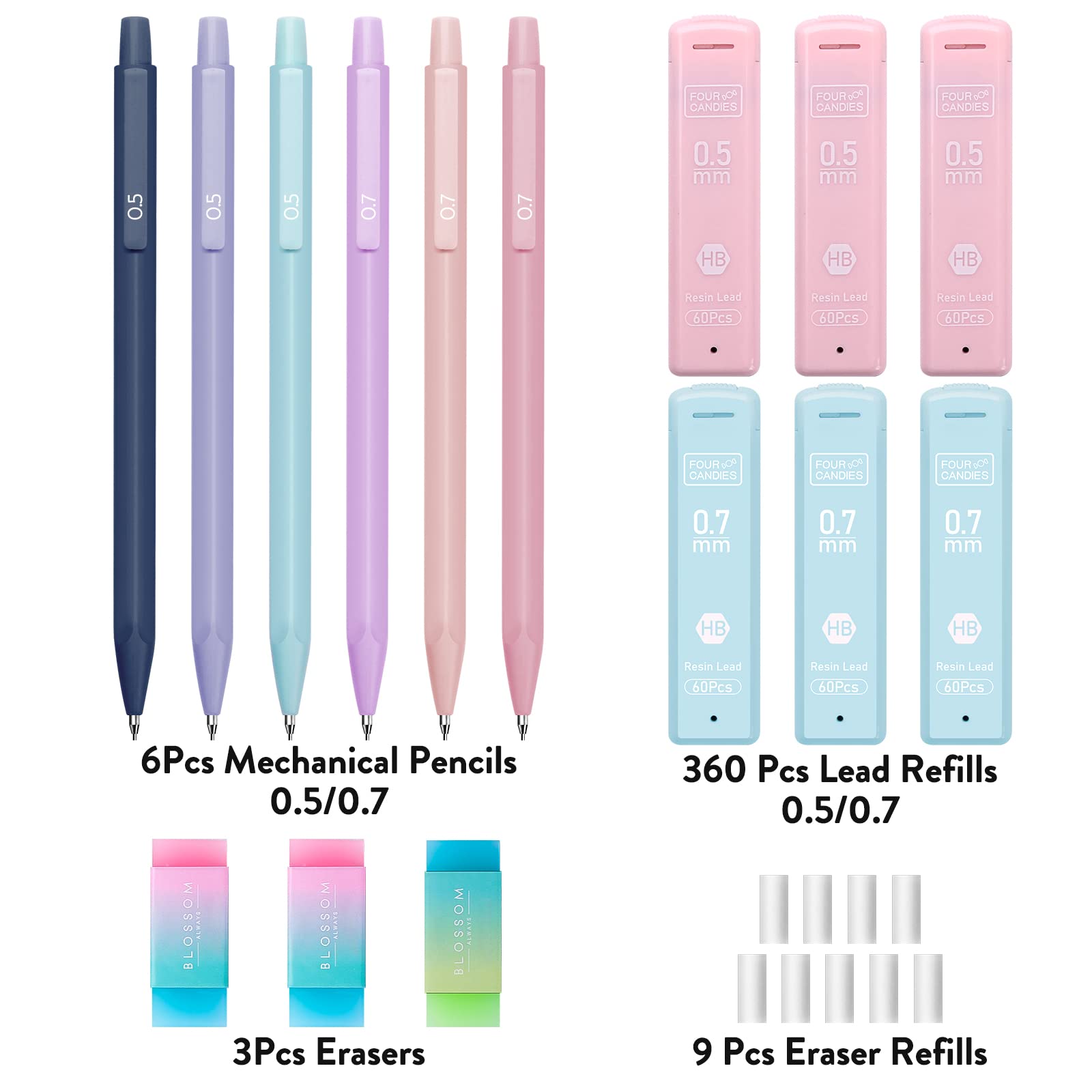 Buy now Four Candies Cute Mechanical Pencil Set, 6PCS Pastel Mechanical Pencils 0.5 & 0.7mm with 360PCS HB Leads, 3PCS Erasers and 9PCS Eraser Refills, Aesthetic School Supplies for Girls Writing at indiglob india