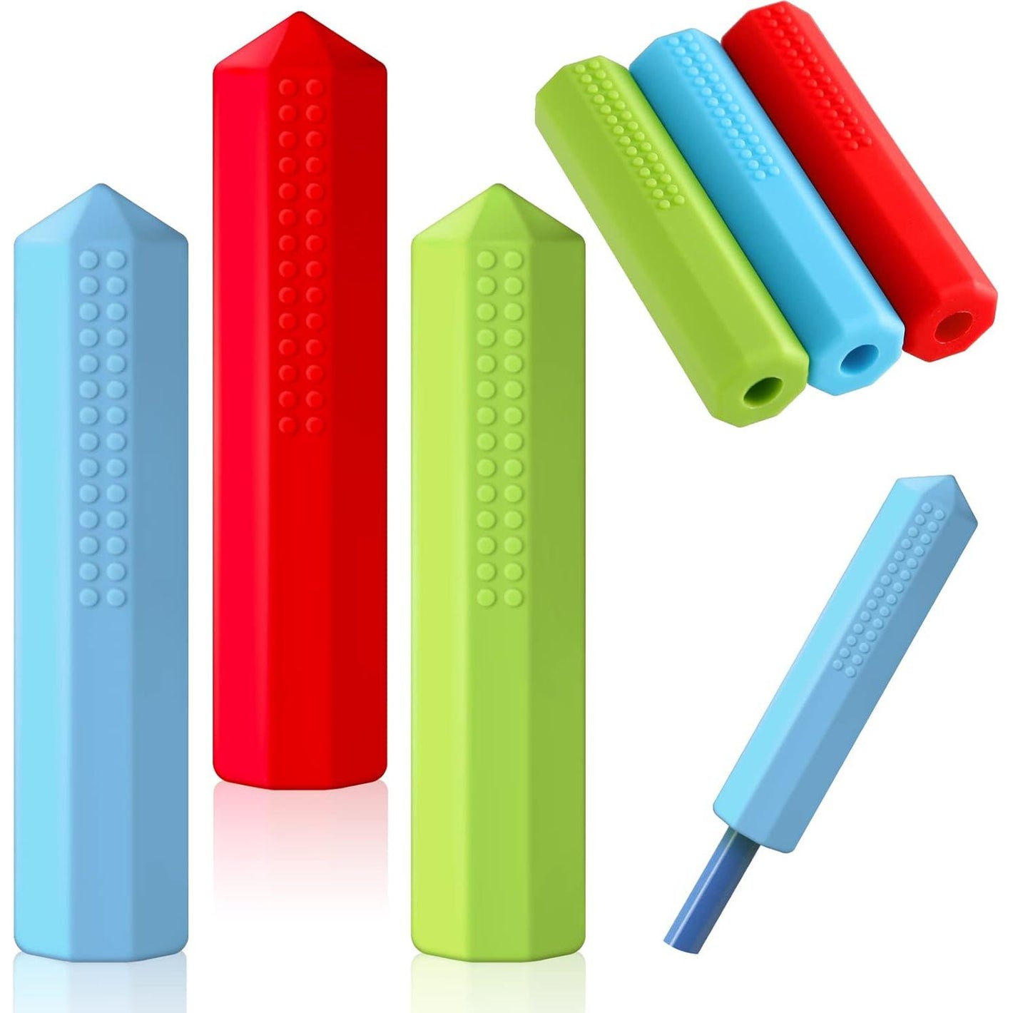 Eersida 6 Pieces Sensory Chew Pencil Toppers Set Chewable Pencil Toppers Chew Toys for Sensory Kids Boys and Girls, Oral Motor Needs(Red, Blue, Green)