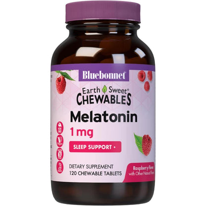 Bluebonnet Nutrition EarthSweet Melatonin 1 mg Fast-Acting Quick Dissolve Nighttime Relaxation & Restful Sleep Support - Sleep Aid - Gluten-Free, Vegan - Raspberry Flavor - 120 Chewable Tablets