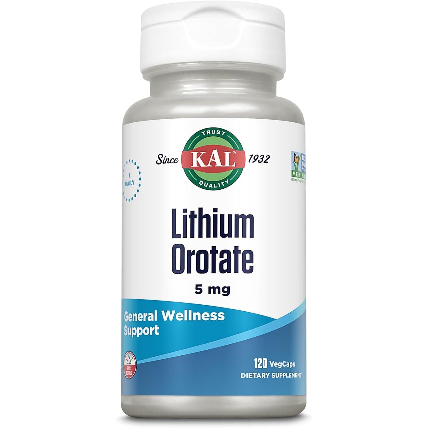 KAL Lithium Orotate 5 milligrams | Low Serving Of Chelated Lithium Orotate For Bioavailability and Mood Support | In Organic Rice Bran Extract Base | 120 VegCaps