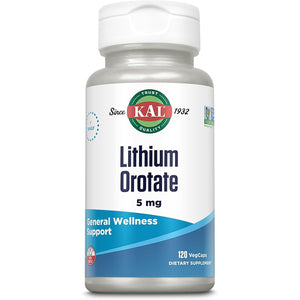 KAL Lithium Orotate 5 milligrams | Low Serving Of Chelated Lithium Orotate For Bioavailability and Mood Support | In Organic Rice Bran Extract Base | 120 VegCaps