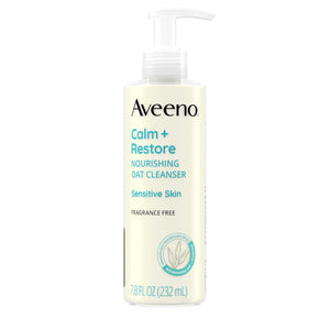 Aveeno Calm + Restore Facial Cleanser for Sensitive Skin, Hydrating Gentle Milky Face Cleanser with Nourishing Oat and Feverfew, Hypoallergenic Formula, Fragrance Free, 7.8 fl oz