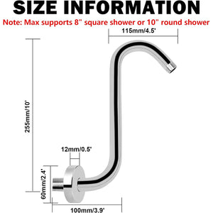 NearMoon S Shaped Shower Head Riser Arm, Shower Extender Arm with Flange, Standard 1/2" Connection- Bathroom Accessory, 10 Inch (1 Pack, Chrome)