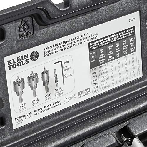 Buy now Klein Tools 31872 Heavy Duty Hole Saw Kit, Includes Carbide Hole Cutters and Pilot Bit in Rust-Proof Molded Plastic Case, 4-Piece at indiglob india
