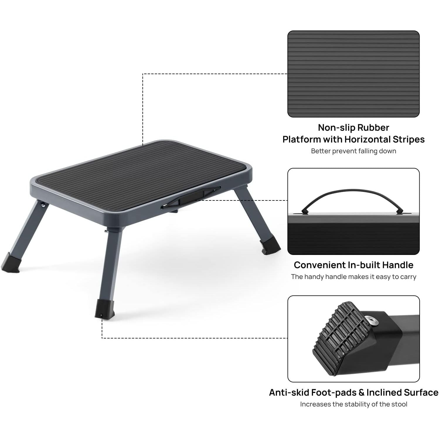 Buy now Ollieroo Metal Folding Step Stool, Wide One Step Stool with Non Slip Rubber Platform, 7 inch One Step Ladder, Max Load 330 lbs for Adults Kids, Portable Foot Stool for Kitchen Bedroom（Grey） at indiglob india
