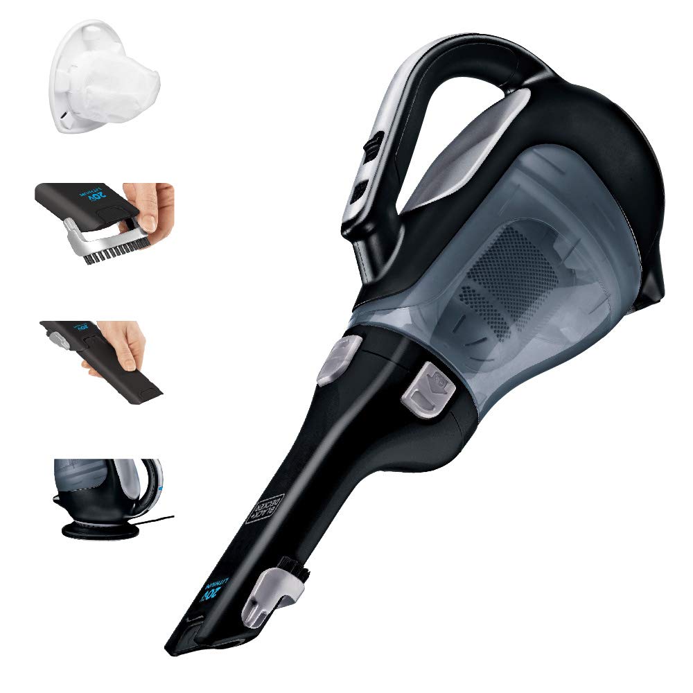 Buy now BLACK+DECKER dustbuster 20V Hand Vacuum Cordless Rechargeable, Car Vacuum Portable, Powerful Suction AdvancedClean Hand Vac with Extendible Crevice Tool, Flip-Up Brush and Charging Base (BDH2000L) at indiglob india