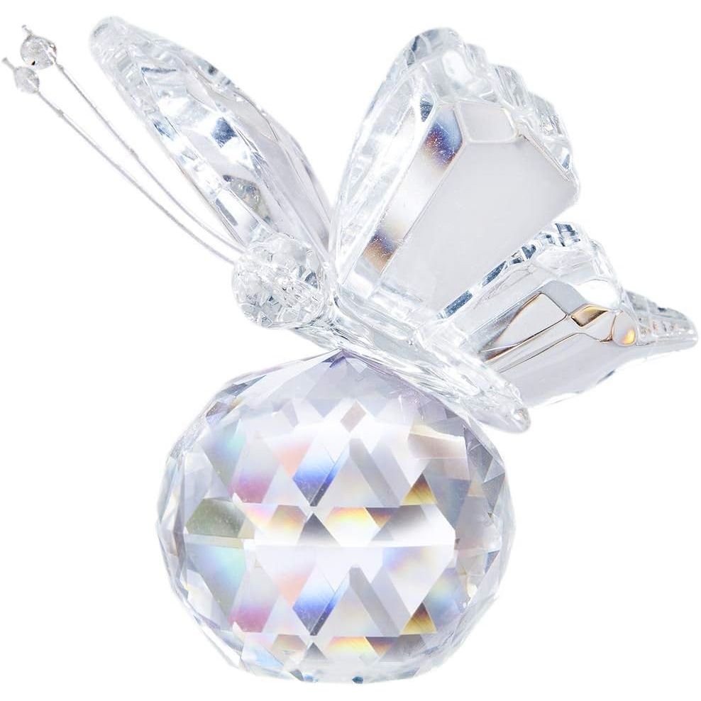 H&D Crystal Flying Butterfly with Crystal Ball Base Figurine Collection Cut Glass Ornament Statue Animal Collectible (Clear)